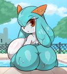  2020 big_breasts big_butt breasts butt female hi_res huge_breasts huge_butt humanoid joaoppereiraus kirlia looking_at_viewer looking_back nintendo not_furry outside pok&eacute;mon pok&eacute;mon_(species) rui_(sugaru) shiny_pok&eacute;mon solo swimming_pool video_games wet 