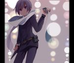  1girl adjusting_scarf androgynous bangs belt belt_pouch black_hair black_jacket black_pants blurry bokeh brown_belt commentary cowboy_shot depth_of_field dress_shirt expressionless grey_background hair_between_eyes hand_on_hip holster holstered_weapon jacket kino_(kino_no_tabi) kino_no_tabi looking_ahead making-of_available pants pillarboxed pouch purple_eyes scarf shirt solo souku_choshin standing thigh_gap tomboy weapon white_shirt 