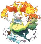  :d bellossom braixen commentary creature english_commentary fang fire flower full_body gen_2_pokemon gen_5_pokemon gen_6_pokemon happy holding holding_stick looking_at_another no_humans open_mouth pinkgermy pokemon pokemon_(creature) signature simple_background smile stick vanillite white_background 