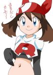  1girl bandana blue_eyes breasts brown_hair closed_mouth cosplay elbow_gloves gloves hainchu holding jessie_(pokemon) jessie_(pokemon)_(cosplay) long_hair looking_at_viewer may_(pokemon) midriff navel poke_ball pokemon pokemon_(anime) pokemon_rse_(anime) simple_background smile solo white_background 