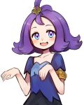  1girl :3 acerola_(pokemon) armlet blush collarbone commentary dress eyelashes gyunre hair_ornament hands_up highres looking_at_viewer open_mouth pokemon pokemon_(game) pokemon_sm purple_eyes purple_hair short_hair short_sleeves smile solo stitches tongue topknot 