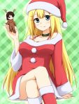  1boy 1girl blonde_hair blue_eyes breasts christmas closed_mouth gundam gundam_00 hair_ornament hairclip hat holding long_hair looking_at_viewer louise_halevy open_mouth runaru saji_crossroad short_hair skirt smile 