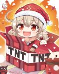  1girl ahoge bangs blonde_hair blush box chibi christmas dress explosion genshin_impact gloves hair_between_eyes hat highres in_box in_container klee_(genshin_impact) low_twintails open_mouth pointy_ears red_dress red_eyes santa_hat snow syyn_(syyndev) tnt twintails 