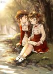  2girls :o ankle_socks arm_support bangs black_footwear black_hair blue_eyes boater_hat bob_cut brown_eyes cardigan day drawing dress english_commentary eyebrows_visible_through_hair flower forest grass hair_ribbon hat hat_flower highres holding holding_pencil instagram_username kamui_(kamuikaoru) kneeling knees_up lace-trimmed_collar lace-trimmed_legwear lace_trim leaning_forward light_particles lolita_fashion long_hair long_sleeves looking_at_another looking_down mary_janes multiple_girls nature on_ground open_cardigan open_clothes original outdoors pencil petticoat red_cardigan red_neckwear red_skirt ribbon river rock shirt shoes short_hair sketchbook skirt smile straw_hat tree twitter_username under_tree underbust very_long_hair wavy_hair white_dress white_legwear white_shirt 