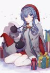  1girl animal bangs blue_eyes blue_hair blush box christmas closed_mouth commentary_request eyebrows_visible_through_hair gift gift_box gloves gotland_(kantai_collection) grey_background gudrn hair_between_eyes hair_bun hat highres kantai_collection long_hair long_ribbon long_sleeves looking_at_viewer mole mole_under_eye red_headwear robe sack santa_costume santa_hat sheep sitting smile solo starry_background thighhighs wariza 