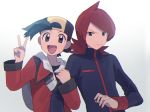  2boys :d arm_hug backwards_hat baseball_cap black_eyes black_hair closed_mouth ethan_(pokemon) grey_eyes hat jacket long_sleeves looking_at_viewer male_focus medium_hair multiple_boys open_mouth oshi_taberu pokemon pokemon_(game) pokemon_hgss red_hair red_jacket silver_(pokemon) smile tongue v v-shaped_eyebrows 