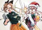  2girls akigumo_(kantai_collection) ball bow bowtie brown_hair closed_eyes commentary_request double_bun glasses green_sweater hair_ribbon halterneck kantai_collection long_hair long_sleeves makigumo_(kantai_collection) mizuki_kyou multiple_girls official_alternate_costume opaque_glasses pink_hair ponytail remodel_(kantai_collection) ribbon shirt sleeves_past_fingers sleeves_past_wrists sweater tears thighhighs throwing twintails white_shirt 
