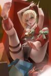  absurdres abys arms_up bare_legs barefoot bell blonde_hair bow cat_ear_headphones christmas christmas_tree dress feet feet_up fur-trimmed_dress fur_trim girls_frontline green_eyes gun headphones highres leg_up looking_at_viewer merry_christmas ribbon santa_costume soles steyr_tmp submachine_gun tail tail_bell tail_bow tail_ornament tail_ribbon tmp_(girls_frontline) toes weapon 