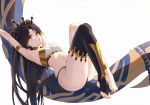  1girl anklet armlet armpits asymmetrical_legwear asymmetrical_sleeves barefoot bikini black_hair black_legwear black_panties bra bsmycc detached_sleeves earrings elbow_gloves fate/grand_order fate_(series) feet gloves heavenly_boat_maanna highres hoop_earrings ishtar_(fate)_(all) ishtar_(fate/grand_order) jewelry long_hair long_legs mismatched_bikini open_mouth panties red_eyes single_detached_sleeve single_elbow_glove single_sleeve single_thighhigh swimsuit thighhighs toeless_legwear underwear weapon 