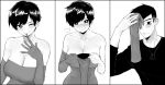  1boy 1girl bangs bare_shoulders black_shirt blush breasts cleavage closed_mouth dress elbow_gloves finger_to_mouth gloves greyscale large_breasts monochrome norman_maggot olive_laurentia one_eye_closed original pixie_cut shirt short_hair sigit_martinus smile strapless strapless_dress sweat 