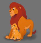  disney ears_down eyebrows father father_and_child father_and_son felid feral fur grey_background hi_res lion long_tail looking_up male mammal mane mufasa nnalyart pantherine parent parent_and_child pink_nose pivoted_ears red_eyes red_mane signature simba simple_background size_difference smile son the_lion_king yellow_body yellow_fur yellow_sclera young 