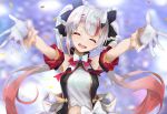  1girl blurry blurry_background commentary earrings gloves hair_between_eyes hair_ribbon happy hololive horns jewelry konkito long_hair nakiri_ayame navel oni_horns open_mouth outstretched_arms ribbon silver_hair sleeveless spread_arms twintails virtual_youtuber 