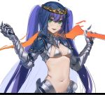  1girl armor bikini_armor breasts circlet cleavage colored_pubic_hair copyright_request gauntlets green_eyes highres long_hair navel outstretched_arms over_shoulder pubic_hair pubic_hair_peek purple_hair qiongsheng revealing_clothes shiny small_breasts smile solo sword sword_over_shoulder twintails unfinished veil very_long_hair weapon weapon_over_shoulder 