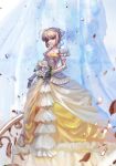  1girl ahoge artoria_pendragon_(all) blonde_hair blue_eyes bouquet breasts bride collarbone commentary_request detached_sleeves dress fate/stay_night fate_(series) flower frilled_dress frills full_body gold_dress hair_ribbon highres holding holding_bouquet huge_ahoge long_dress medium_breasts multicolored multicolored_clothes multicolored_dress petals puffy_short_sleeves puffy_sleeves ribbon saber short_hair short_sleeves smile solo standing wedding_dress white_dress zm 