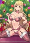  1girl alternate_costume bangs bra breasts cameltoe christmas cleavage gem gift hair_ornament headpiece jewelry large_breasts lingerie long_hair looking_at_viewer mythra_(xenoblade) navel pose redjet removing_bra shiny shiny_skin sitting solo swept_bangs thighhighs tiara tree underwear very_long_hair xenoblade_chronicles_(series) xenoblade_chronicles_2 yellow_eyes 