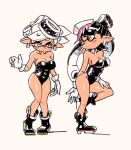  +_+ 2girls aori_(splatoon) bare_legs bare_shoulders black_footwear black_hair black_leotard blush breasts cleavage cousins detached_collar domino_mask food food_on_head gloves hand_on_leg hotaru_(splatoon) leotard long_hair mask medium_breasts mole mole_under_eye multiple_girls object_on_head shoes short_hair splatoon_(series) strapless strapless_leotard tentacle_hair white_gloves white_hair yellow_eyes yuta_agc 