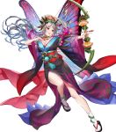  1girl arrow_(projectile) bangs bow_(weapon) breasts cleavage facial_mark fairy_wings fire_emblem fire_emblem_heroes forehead_mark full_body gradient gradient_hair highres holding holding_bow_(weapon) holding_weapon japanese_clothes kimono large_breasts long_hair multicolored_hair obi official_art open_mouth plumeria_(fire_emblem) pointy_ears ponytail red_eyes sandals sash smile solo tabi teffish tied_hair transparent_background weapon white_legwear wide_sleeves wings 