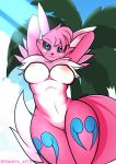  alternate_color anthro big_breasts black_sclera blue_eyes breasts canid countershade_torso countershading digimon digimon_(species) female fur genitals hi_res ineedanaccount looking_at_viewer mammal nude pink_body pink_fur pussy renamon reyna_(lamont786) solo tuft white_countershading 