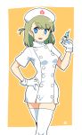  1girl :d bangs blue_eyes breasts commentary_request dress eyebrows_visible_through_hair gloves green_hair hair_between_eyes hand_on_hip hand_up hat highres holding holding_syringe looking_at_viewer muu_(mumumer) nurse nurse_cap one_side_up open_mouth orange_background original outline short_sleeves small_breasts smile solo syringe thighhighs two-tone_background white_background white_dress white_gloves white_headwear white_legwear white_outline 
