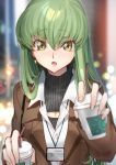  1girl :d alternate_costume bangs black_sweater blurry blurry_background breasts brown_coat c.c. cleavage cleavage_cutout clothing_cutout coat code_geass creayus cup depth_of_field disposable_cup earrings eyebrows_visible_through_hair green_hair hair_between_eyes highres holding holding_cup id_card jewelry long_hair long_sleeves meme_attire open-chest_sweater open_clothes open_coat open_mouth pov shirt smile solo straight_hair sweater upper_body very_long_hair white_shirt yellow_eyes 