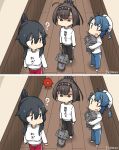  3girls ? abyssal_ship ahoge akizuki_(kantai_collection) alternate_costume black_hair black_headband black_pants blue_hair blue_pants brown_eyes chou-10cm-hou-chan clothes_writing commentary_request dated enemy_lifebuoy_(kantai_collection) fukae_(kantai_collection) hachimaki hallway hamu_koutarou hat hat_ribbon headband highres kantai_collection long_hair multiple_girls pants ponytail red_eyes red_pants ribbon sailor_hat scrunchie short_hair side_ponytail sidelocks spot_the_differences standing sweater track_pants translation_request white_headwear white_sweater wooden_floor yahagi_(kantai_collection) 