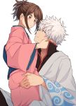  1boy 1girl ass ass_grab bangs brown_eyes brown_hair closed_mouth commentary_request eye_contact from_side gintama grey_hair grin hand_on_another&#039;s_face hand_up hetero highres japanese_clothes kimono kobaji long_sleeves looking_at_another obi pink_kimono ponytail red_eyes sakata_gintoki sash shimura_tae short_hair silver_hair simple_background smile teeth white_background wide_sleeves yukata 