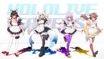  4girls :3 :d ahoge alternate_costume animal_band_legwear animal_ear_fluff animal_ears apron back_bow bell black_hair black_legwear blue_eyes blush bone_hair_ornament bow breasts brown_eyes brown_hair cat_band_legwear cat_ears cat_girl cat_tail cleavage closed_eyes closed_mouth collar dog_ears earrings enmaided fox_ears fox_girl fox_tail full_body hair_ornament highres hololive hoop_earrings inugami_korone jewelry jingle_bell large_breasts long_hair looking_at_viewer maid maid_apron maid_headdress medium_breasts mikan_(chipstar182) multicolored_hair multiple_girls nekomata_okayu ookami_mio open_mouth paw_pose purple_eyes purple_hair purple_legwear red_footwear red_hair red_legwear shadow shirakami_fubuki short_hair simple_background single_earring single_thighhigh smile standing standing_on_one_leg streaked_hair tail tail_around_leg thigh_strap thighhighs very_long_hair virtual_youtuber waist_apron white_background white_hair white_legwear wolf_ears wolf_girl wolf_tail wrist_cuffs wristband yellow_footwear 