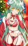 ass_visible_through_thighs bangs bare_shoulders bell blush bow bow_bra bra breasts christmas christmas_tree cleavage collarbone commentary_request eyebrows_visible_through_hair fate/grand_order fate_(series) finger_to_mouth garter_belt garter_straps green_hair green_ribbon hair_bell hair_ornament hair_ribbon head_tilt highres horns indoors jingle_bell kiyohime_(fate/grand_order) lingerie long_hair looking_at_viewer medium_breasts morizono_shiki navel neck_ribbon open_mouth panties red_bra red_legwear red_ribbon ribbon side-tie_panties sidelocks smile snow snowing stomach thigh_gap thighhighs underwear very_long_hair window yellow_eyes 