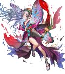  1girl arrow_(projectile) bangs bow_(weapon) breasts broken_arrow cleavage facial_mark fairy_wings fire_emblem fire_emblem_heroes forehead_mark full_body gradient gradient_hair highres holding holding_bow_(weapon) holding_weapon japanese_clothes kimono large_breasts long_hair looking_away multicolored_hair obi official_art open_mouth plumeria_(fire_emblem) pointy_ears ponytail red_eyes sandals sash solo tabi teffish tied_hair torn_clothes transparent_background weapon white_legwear wide_sleeves wings 