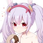  1girl :t animal_ears azur_lane bangs bare_shoulders blush bunny_ears closed_mouth collarbone commentary_request doughnut eyebrows_behind_hair food food_on_face grey_hair hair_between_eyes hairband hands_up highres holding holding_food jacket laffey_(azur_lane) long_hair nail_polish off_shoulder open_clothes open_jacket pink_jacket pink_nails red_eyes red_hairband simple_background solo takara_akihito twintails upper_body white_background 