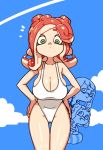  3girls blue_sky breasts cleavage cloud cloudy_sky cowboy_shot green_eyes hands_on_hips inkling large_breasts looking_at_viewer multiple_girls octarian octoling one-piece_swimsuit red_hair shadow sky solo_focus splatoon_(series) suction_cups swimsuit tentacle_hair wet white_swimsuit yuta_agc 