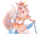  1girl :d ahoge animal_ear_fluff bare_shoulders blue_bow blue_eyes blush bow braid breasts commentary commission english_commentary fox_tail hair_bow highres jewelry large_breasts looking_at_viewer miniskirt multicolored_hair necklace open_mouth orange_skirt original pink_hair sarong short_sleeves simple_background skirt smile solo streaked_hair tail thighhighs white_background white_legwear yun-yang 