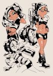  1girl black_footwear black_gloves black_shorts boots breasts fingerless_gloves gloves green_eyes hand_on_hip medium_breasts midriff multiple_views navel octarian octoling parted_lips shorts smile splatoon_(series) suction_cups tentacle_hair yuta_agc 