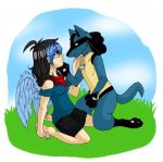  ambiguous_gender angel anthro duo feet female female_on_feral feral humanoid interspecies intimate lucario nintendo pawpads paws pok&eacute;mon pok&eacute;mon_(species) pok&eacute;philia pre_kiss romance romantic sitting unknown_artist video_games wings 