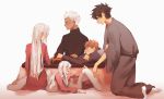  2girls 3boys archer black_hair brother_and_sister brown_eyes dark_skin dark_skinned_male dress emiya_kiritsugu emiya_shirou facial_hair family fate_(series) father_and_daughter father_and_son hair_between_eyes highres illyasviel_von_einzbern irisviel_von_einzbern japanese_clothes kimono long_hair mother_and_daughter mother_and_son multiple_boys multiple_girls open_mouth orange_hair raglan_sleeves red_eyes shirt siblings smile suiso_(owp) table white_hair white_shirt yellow_eyes 