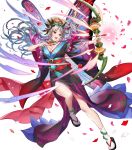  1girl arrow_(projectile) bangs bow_(weapon) breasts cleavage facial_mark fairy_wings fire_emblem fire_emblem_heroes forehead_mark full_body gradient gradient_hair highres holding holding_bow_(weapon) holding_weapon japanese_clothes kimono large_breasts long_hair looking_away multicolored_hair obi official_art petals plumeria_(fire_emblem) pointy_ears ponytail red_eyes sandals sash smile solo tabi teffish tied_hair transparent_background weapon white_legwear wide_sleeves wings 