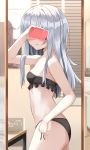  1girl bikini black_bikini blush clock closed_mouth cowboy_shot digital_clock hibiki_(kantai_collection) highres holding holding_phone kantai_collection long_hair mirror navel phone reflection silver_hair sira_(user_dswn7488) smile solo swimsuit tongue tongue_out 