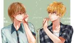  2boys blonde_hair brown_eyes brown_hair crossover dated earbuds earphones eye_contact green_background hirunaka_no_ryuusei looking_at_another male_focus mamura_daiki miying_(ho_ru03_15) multiple_boys ore_monogatari!! short_sleeves sunakawa_makoto upper_body 