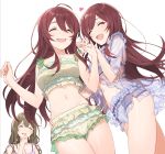  3girls ahoge bangs bare_shoulders blush breasts brown_hair cleavage closed_eyes commentary_request hayashi_kewi heart idolmaster idolmaster_shiny_colors kuwayama_chiyuki large_breasts long_hair multiple_girls navel oosaki_amana oosaki_tenka open_mouth siblings simple_background sisters smile swept_bangs thighs twins white_background 