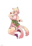  :d animal_ears black_nails breasts cat_ears cat_tail cleavage earrings fingernails full_body green_eyes green_sash hand_up highres inu_no_sakuya japanese_clothes jewelry kimono kotatsu_(g-rough) large_breasts looking_at_viewer multicolored_hair nail_polish nekomata obi one_eye_closed open_mouth paw_pose pink_kimono purple_hair sash short_kimono simple_background smile streaked_hair tail white_background 