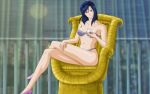  1girl belly bikini black_hair breasts chair city city_hunter cityscape closed_mouth colored_skin crossed_legs cup hand_on_thigh high_heels holding holding_cup long_legs lowres mirror navel nogami_saeko short_hair sitting solo swimsuit thighs white_skin 