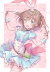  1girl :d bow brown_hair bunny_hair_ornament dress eyebrows_visible_through_hair frilled_cuffs frilled_dress frills green_eyes hair_ornament hirokazu_(analysis-depth) holding holding_hair key light_blue_dress open_mouth pink_bow princess_connect! princess_connect!_re:dive puffy_short_sleeves puffy_sleeves rino_(princess_connect!) short_sleeves short_twintails smile solo thighhighs twintails wrist_cuffs 