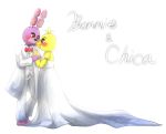  2015 ambiguous_gender animatronic anthro avian bird blush bonnie_(fnaf) bow_tie chica_(fnaf) chicken clothing dress duo english_text eye_contact five_nights_at_freddy&#039;s galliform gallus_(genus) hand_holding head_tuft ill825_(artist) lagomorph leporid looking_at_another looking_down looking_up machine mammal multicolored_body phasianid purple_body purple_eyes rabbit red_eyes robot romantic_ambiance romantic_couple text tuft video_games yellow_body 