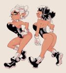  2girls aori_(splatoon) black_footwear black_hair black_leotard blush breasts detached_collar domino_mask earrings food food_on_head gloves hand_on_hip hotaru_(splatoon) jewelry large_breasts leotard mask multiple_girls object_on_head pointy_ears shoes short_hair simple_background socks splatoon_(series) tan_background tentacle_hair white_gloves white_hair white_legwear yellow_eyes yuta_agc 