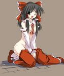  blush bow breast_squeeze breasts detached_sleeves hair_bow hakurei_reimu legs_folded long_sleeves medium_breasts nude one_eye_closed seo_tatsuya solo touhou 