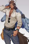  1boy alternate_costume animal_ears arknights bara belt black_belt blue_eyes blue_jacket body_hair bracelet brown_hair bulge chest_hair covered_nipples cow_boy cow_ears cow_horns cow_tail cowboy_shot denim eyewear_removed facial_hair highres horns jacket jacket_on_shoulders jeans jewelry likaou looking_at_viewer male_focus matterhorn_(arknights) medium_hair muscular muscular_male pants partially_unbuttoned pectorals shirt sleeves_rolled_up solo stubble tail white_shirt 
