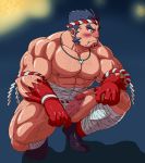  1boy abs bandages bara bare_pecs black_hair blurry blurry_background blush body_hair censored chest_hair erection facial_hair forked_eyebrows full_body goatee hachimaki headband highres looking_away magatama magatama_necklace male_focus minatsumi mosaic_censoring muscular muscular_male nejiri_hachimaki nipples nude pectorals penis sandals short_hair sideburns solo squatting tajikarao_(tokyo_houkago_summoners) thick_eyebrows thick_thighs thighs tokyo_houkago_summoners veins veiny_penis 