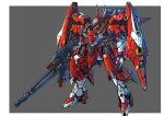  absurdres border grey_background gun highres holding holding_gun holding_weapon horns looking_down mecha no_humans open_hand original science_fiction solo takamaru_(taka1220) visor weapon 