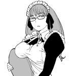  1girl apron breast_rest breasts commentary eyebrows_visible_through_hair glasses greyscale hair_ribbon half-closed_eyes highres jitome large_breasts long_hair long_sleeves looking_at_viewer maid maid_apron maid_headdress monochrome neck_ribbon onsen_tamago_(hs_egg) open_mouth ribbon simple_background solo soredemo_machi_wa_mawatteiru standing tatsuno_toshiko tray upper_body white_background 