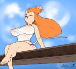  anthro big_breasts breasts chip_&#039;n_dale_rescue_rangers clothing cloud disney female fur gadget_hackwrench hair hi_res mammal mouse murid murine nipples orange_hair realius rodent shirt sitting sky solo stretched_clothing tan_body tan_fur tank_top thick_thighs topwear translucent translucent_clothing wide_hips wind 